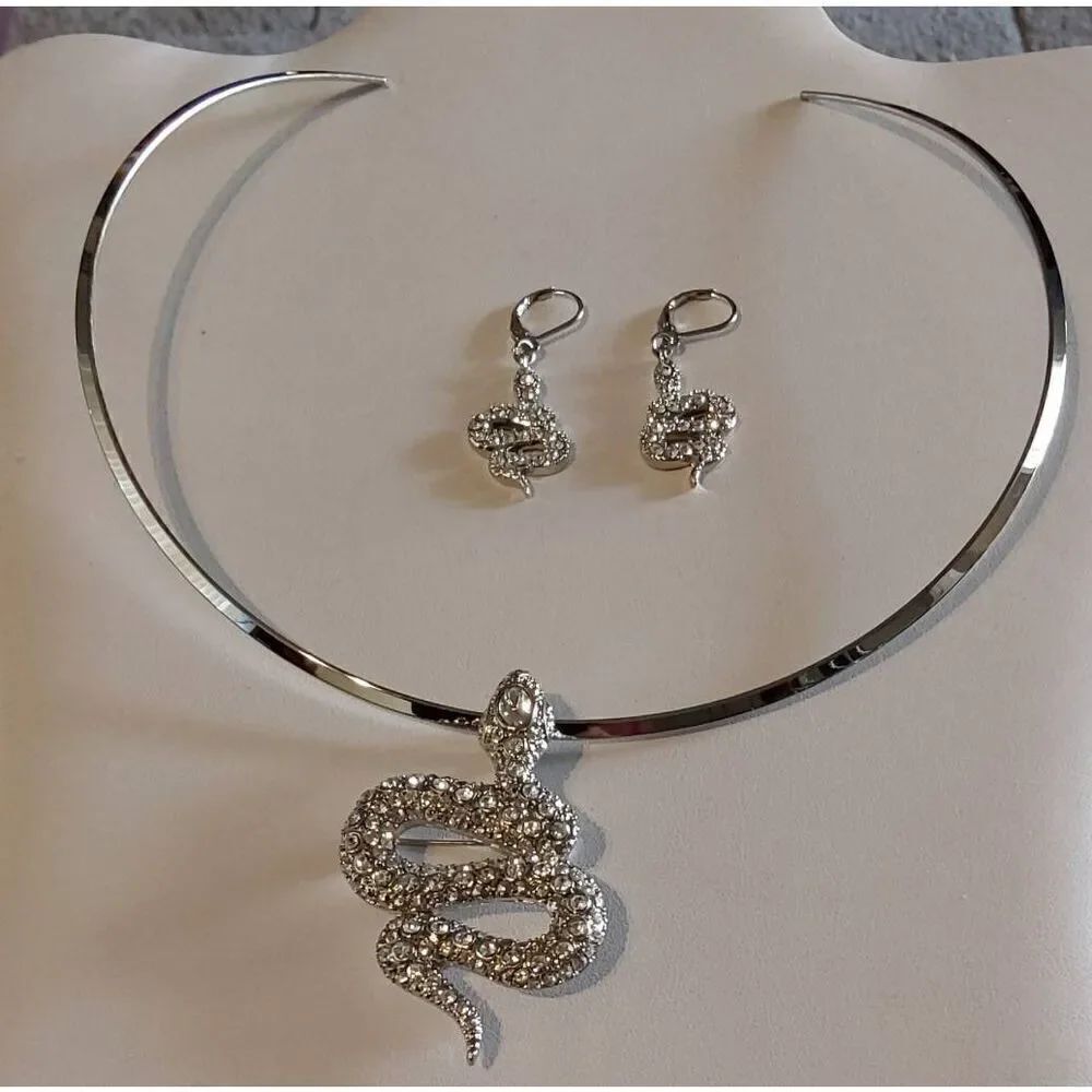 Trendy Silver Bling Rhinestone Snake Pendant/Pin & Earring Set